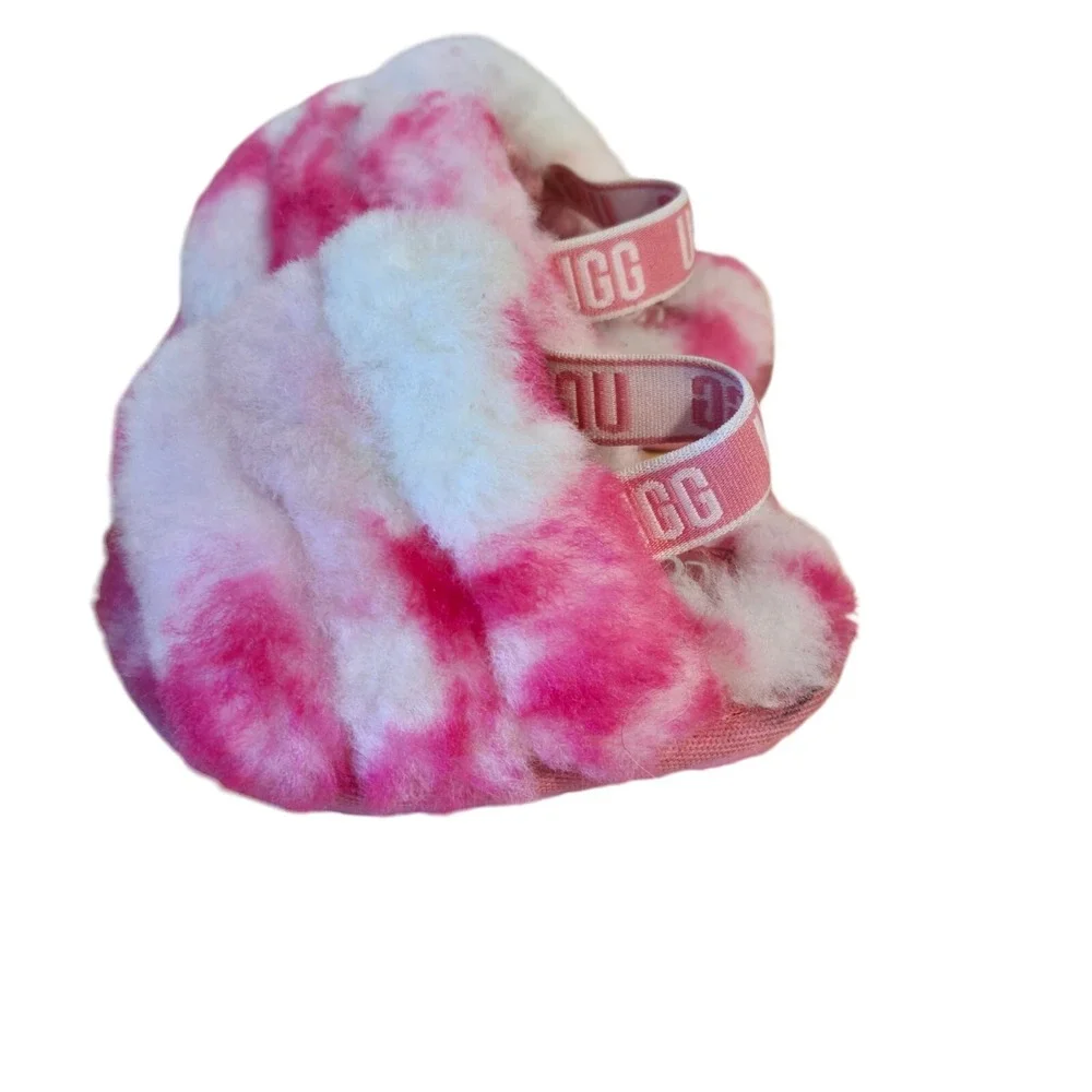 UGG Fluff Yeah Kids 2/3 Pink Tie Dye Fuzzy Fur Slingback Slides Sandals